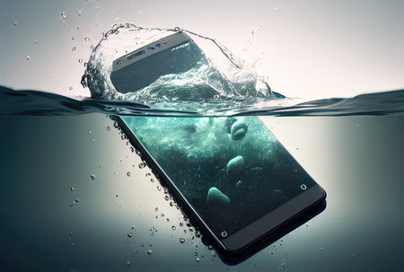 Smartphone fell into the water and was sinking deep background. Telecommunication and technology concept. Digital art illustration. Generative AIの素材