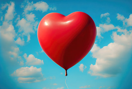 Red balloon in heart shape flying on the air with blue sky background. Valentines day concept. Generative AIの素材