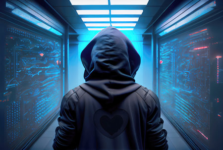Hacker in the black hood in the server room. Unrecognizable people. Technology and Cybersecurity and Criminal concept. Generative AIの素材