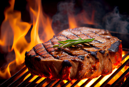 T-Bone steak or Porterhouse on grill with blazing fire flame. Food and cuisine concept. Generative AIの素材