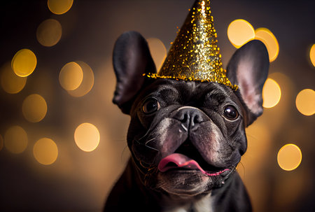 Portrait of cute happy French Bulldog in the celebration party with bokeh light and confetti in the dark background. Generative AIの素材