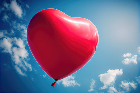 Red balloon in heart shape flying on the air with blue sky background. Valentines day concept. Generative AIの素材