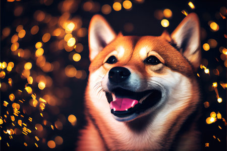 Happy Shiba inu dog in party with bokeh light background. Animal and pet concept. Generative AIの素材