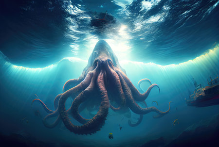 Kraken the giant octopus under the deep sea attacking and sinking the ship. Mythical creatures concept. Generative AIの素材