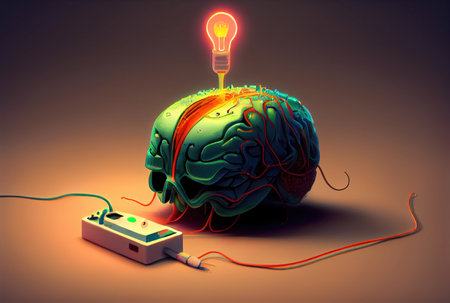 Brain is being fed programs and commands to have humanlike abilities. Machine learning and technology concept. Generative AIの素材