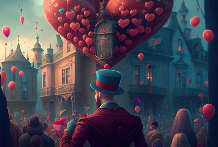 Carnival with decorated heart shape balloons in the city background. Valentines day and romance concept. Digital art fantasy illustration. Generative AIの素材