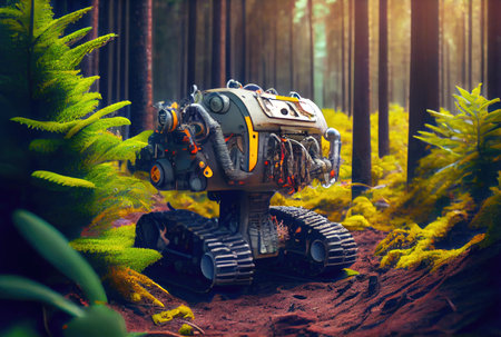 Robot forester living in the forest and planting the trees. Environment conservation and technology concept. Generative AIの素材