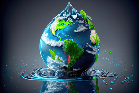 Earth in water drop shape dropping on the ground background. Environment and World savings concept. Digital art illustration. Generative AIの素材