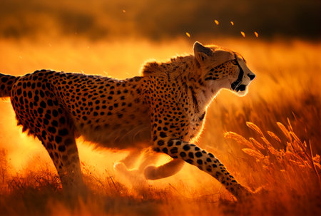 Cheetah running in South Africa meadow with yellow grass and golden sunlight background. Generative AIの素材