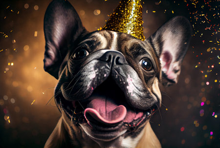 Portrait of cute happy French Bulldog in the celebration party with bokeh light and confetti in the dark background. Generative AIの素材