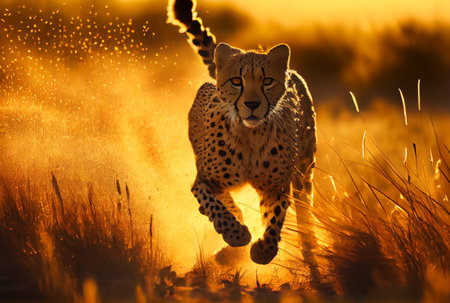 Cheetah running in South Africa meadow with yellow grass and golden sunlight background. Generative AIの素材
