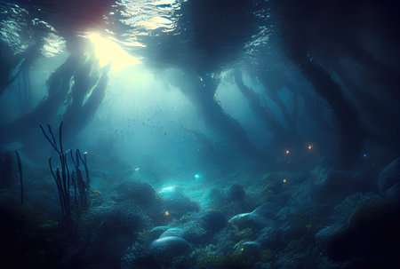 Deep sea and aquatic life with sunshine background. Marine life and undersea concept. Generative AIの素材