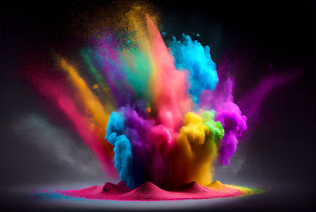 Colorful powder dust exploding in Holi day. Generative AIColorful starch and dye powder dust exploding in Holi day. Generative AIの素材