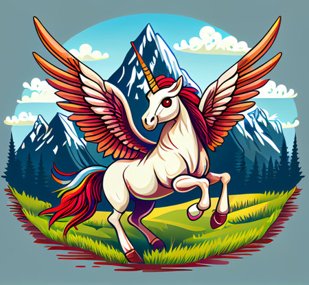Cartoon unicorn with rainbow wings on the top of mountain background. Generative AIの素材