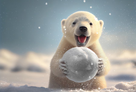 White polar bear cub playing snowball in the north pole. Animal and Seasonal concept. Generative AIの素材