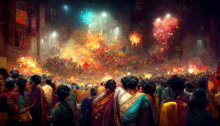 Crowd of people in Diwali festival with colorful fireworks background. Generative AIの素材