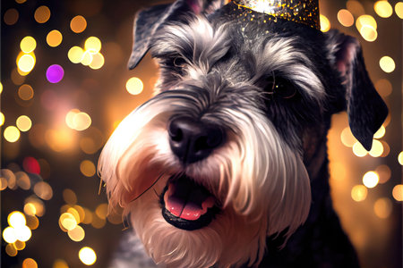 Happy Schnauzer dog in party with bokeh light background. Animal and pet concept. Generative AIの素材