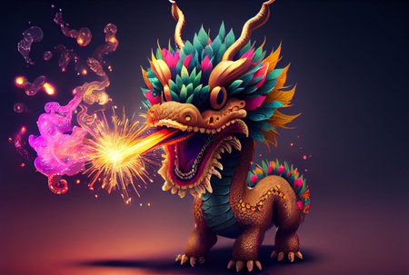 Chinese cute dragon with fire fireworks at celebration party background. Generative AIの素材