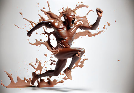 Running man made from chocolate and milk on white background. Sport and Athlete concept. Generative AIの素材