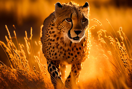 Cheetah running in South Africa meadow with yellow grass and golden sunlight background. Generative AIの素材