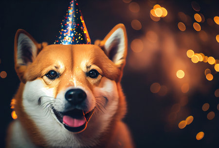 Happy Shiba inu dog in party with bokeh light background. Animal and pet concept. Generative AIの素材
