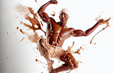 Swimmer man made from chocolate and milk on white background. Sport and Athlete concept. Generative AIの素材