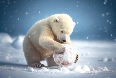 White polar bear cub playing snowball in the north pole. Animal and Seasonal concept. Generative AIの素材
