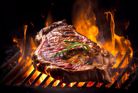 T-Bone steak or Porterhouse on grill with blazing fire flame. Food and cuisine concept. Generative AIの素材