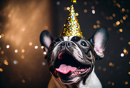 Portrait of cute happy French Bulldog in the celebration party with bokeh light and confetti in the dark background. Generative AIの素材