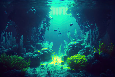 Deep sea and aquatic life with sunshine background. Marine life and undersea concept. Generative AIの素材