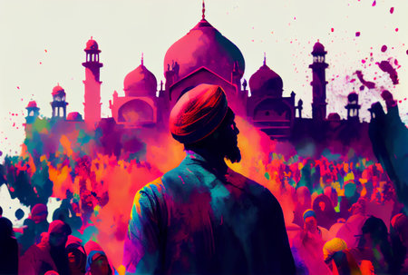Holi day and festival with crowd people in Hindu outfits. Generative AIの素材