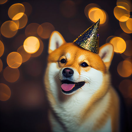 Happy Shiba inu dog in party with bokeh light background. Animal and pet concept. Generative AIの素材