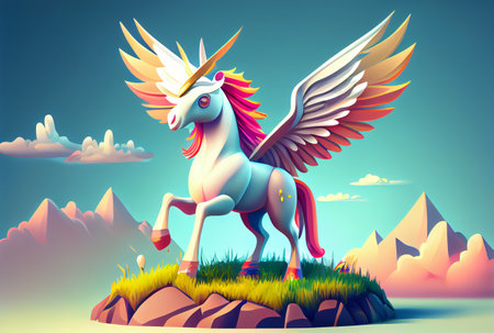 Cartoon unicorn with rainbow wings on the top of mountain background. Generative AIの素材
