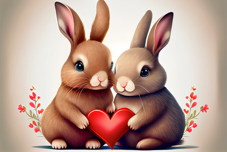 Cute cartoon rabbit couple holding red heart background in Valentines day concept. Generative AIの素材