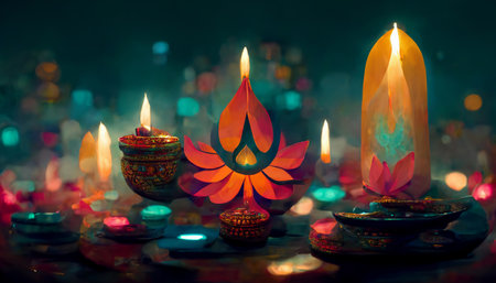 Diwali festival with colorful candles light and bokeh background. Generative AIの素材