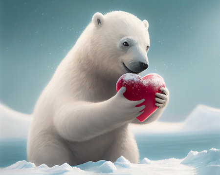 Cute Polar bear holding red heart lonely in north pole with snowfall background. Animal and landscape concept. Valentines day theme. Generative AIの素材