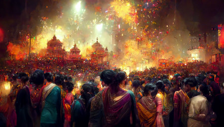 Crowd of people in Diwali festival with colorful fireworks background. Generative AIの素材