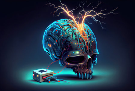 Brain is being fed programs and commands to have humanlike abilities. Machine learning and technology concept. Generative AIの素材