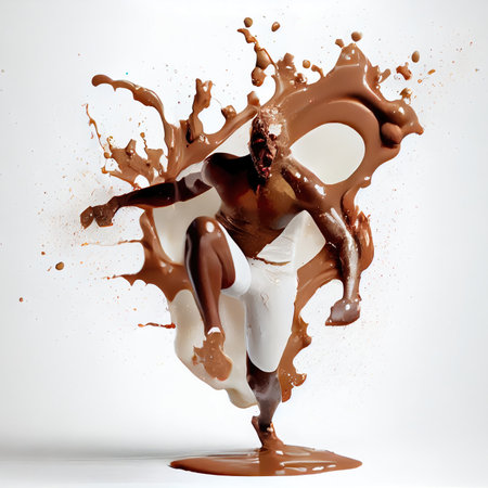 Running man made from chocolate and milk on white background. Sport and Athlete concept. Generative AIの素材