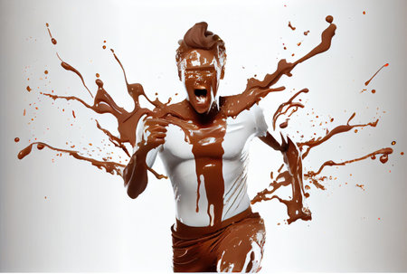 Running man made from chocolate and milk on white background. Sport and Athlete concept. Generative AIの素材