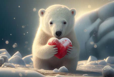 Cute Polar bear holding red heart lonely in north pole with snowfall background. Animal and landscape concept. Valentines day theme. Generative AIの素材