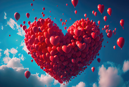 Many red balloon in heart shape particles flying on the air with blue sky background. Valentines day concept. Generative AIの素材
