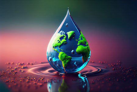 Earth in water drop shape dropping on the ground background. Environment and World savings concept. Digital art illustration. Generative AIの素材