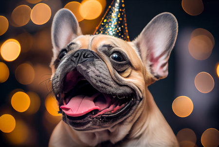 Portrait of cute happy French Bulldog in the celebration party with bokeh light and confetti in the dark background. Generative AIの素材