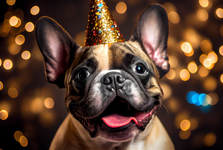 Portrait of cute happy French Bulldog in the celebration party with bokeh light and confetti in the dark background. Generative AIの素材