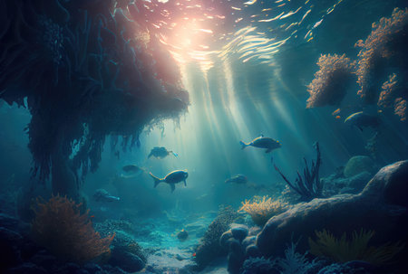 Deep sea and aquatic life with sunshine background. Marine life and undersea concept. Generative AIの素材