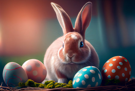 Rabbit with colorful Easter eggs in the meadow. Generative AIの素材