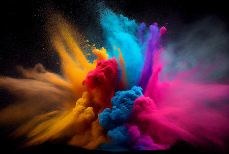 Colorful starch and dye powder dust exploding in Holi day. Generative AIの素材