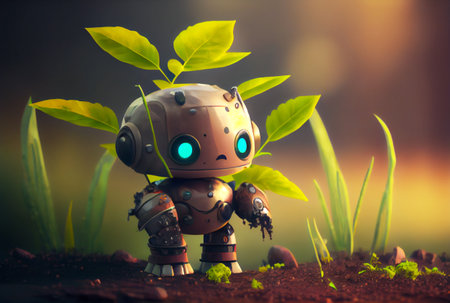 Little cute smart robot holding seedlings to plant a forest. environment conservation and technology concept. Generative AIの素材