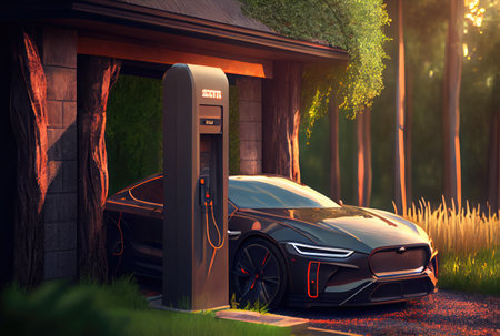 EV car with Electric charging station charger on build in wall at house. Technology and transportation concept. Generative AIの素材